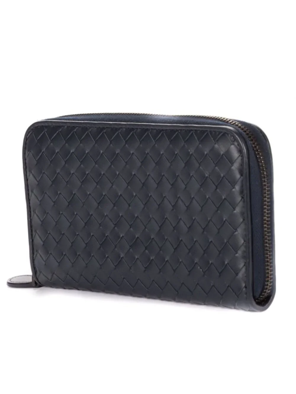 Bottega Veneta Zip Around Wallet Navy Intrecciato Calfskin Leathera